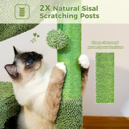 Cactus Cat Tree with Large Condo, Hammock, Dangling Ball, Small Cat Tower, Cat Scratching Post for Indoor, Cat Toys