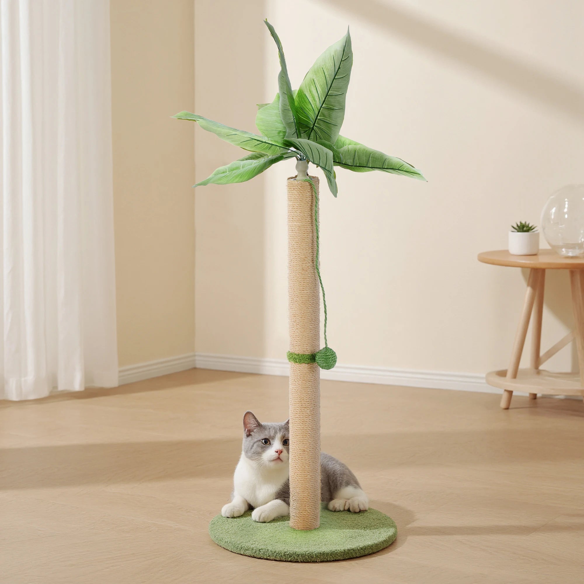 Tall Cat Scratching Post 33IN with Dangling Ball for Indoor Cats Palm Tree Cat Scratch Post for Kittens with Sisal Post Gree