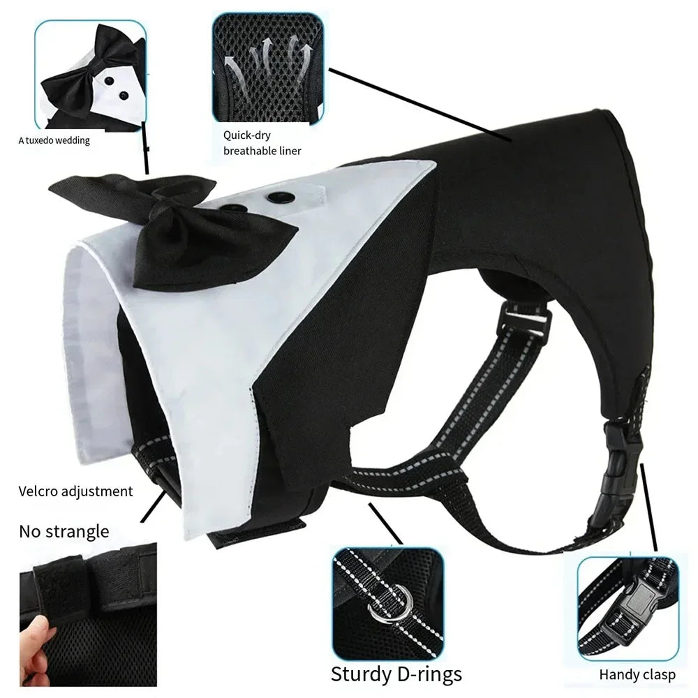 Dog Tuxedo Harness Adjustable Dog Harness No Pull for Small Medium Large Dogs Male Dogs Wedding Suit with Bow Tie Party Costume