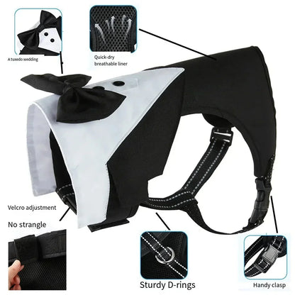 Dog Tuxedo Harness Adjustable Dog Harness No Pull for Small Medium Large Dogs Male Dogs Wedding Suit with Bow Tie Party Costume