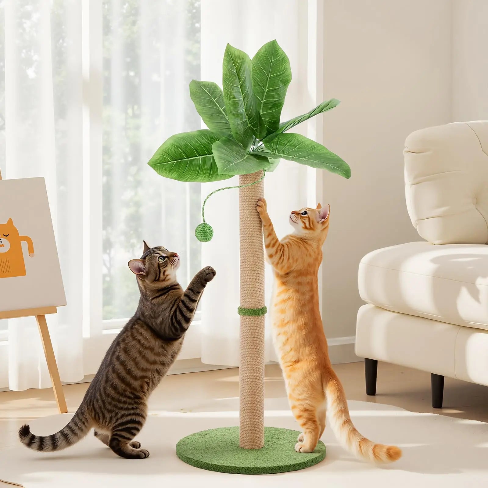 Tall Cat Scratching Post 33IN with Dangling Ball for Indoor Cats Palm Tree Cat Scratch Post for Kittens with Sisal Post Gree