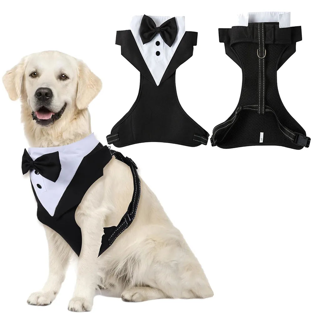 Dog Tuxedo Harness Adjustable Dog Harness No Pull for Small Medium Large Dogs Male Dogs Wedding Suit with Bow Tie Party Costume