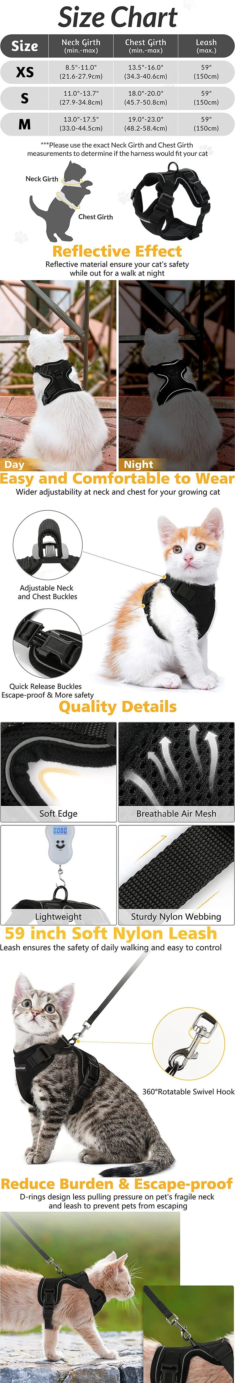 Escape Proof Cat Harness and Leash - Soft Adjustable Vest Harnesses EasyControl for Walking Cats