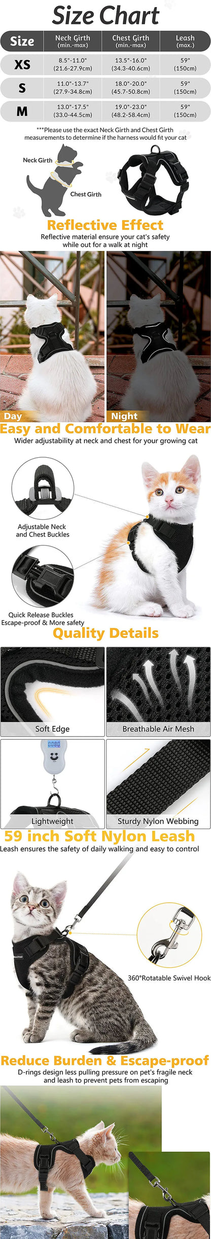 Escape Proof Cat Harness and Leash - Soft Adjustable Vest Harnesses EasyControl for Walking Cats