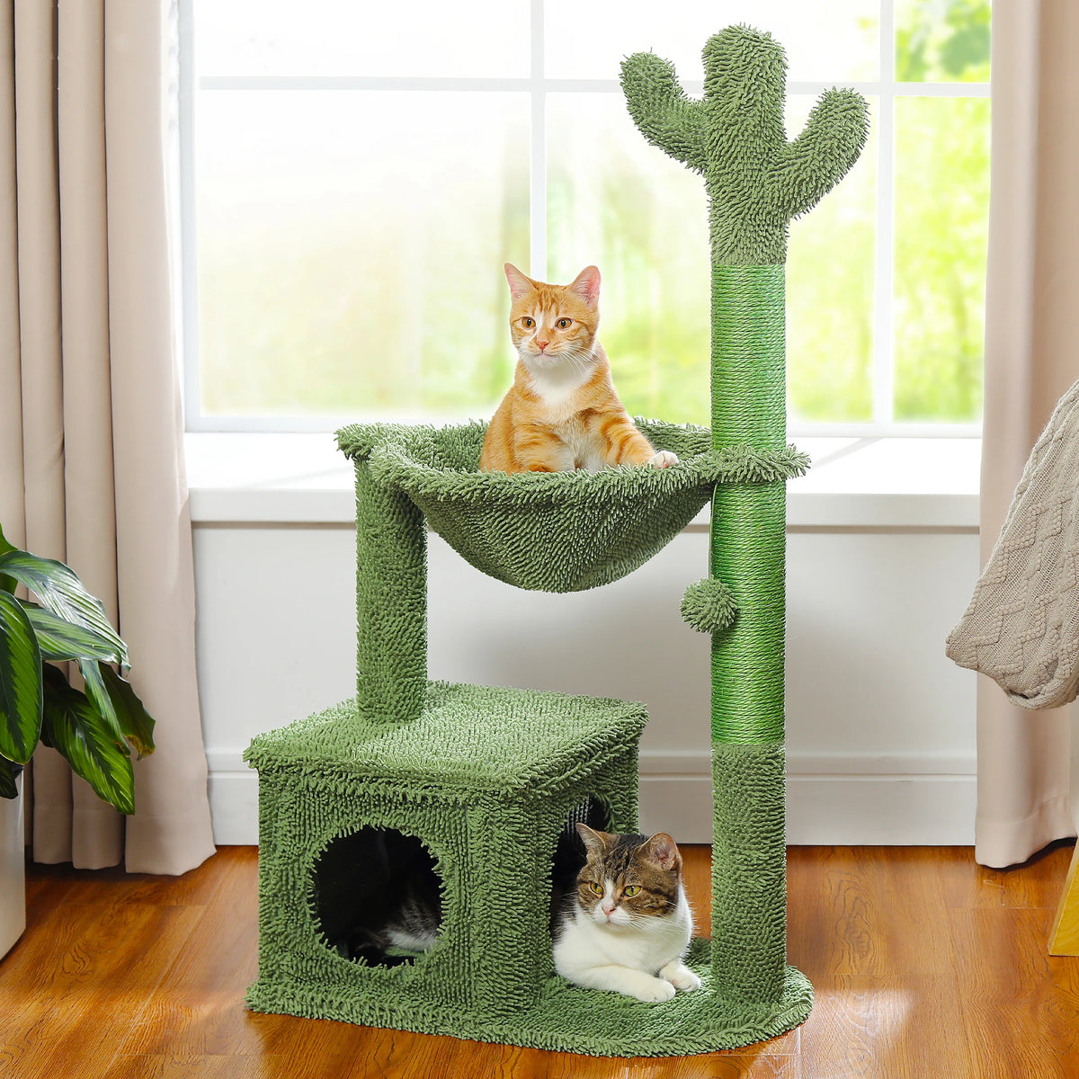 Cactus Cat Tree with Large Condo, Hammock, Dangling Ball, Small Cat Tower, Cat Scratching Post for Indoor, Cat Toys