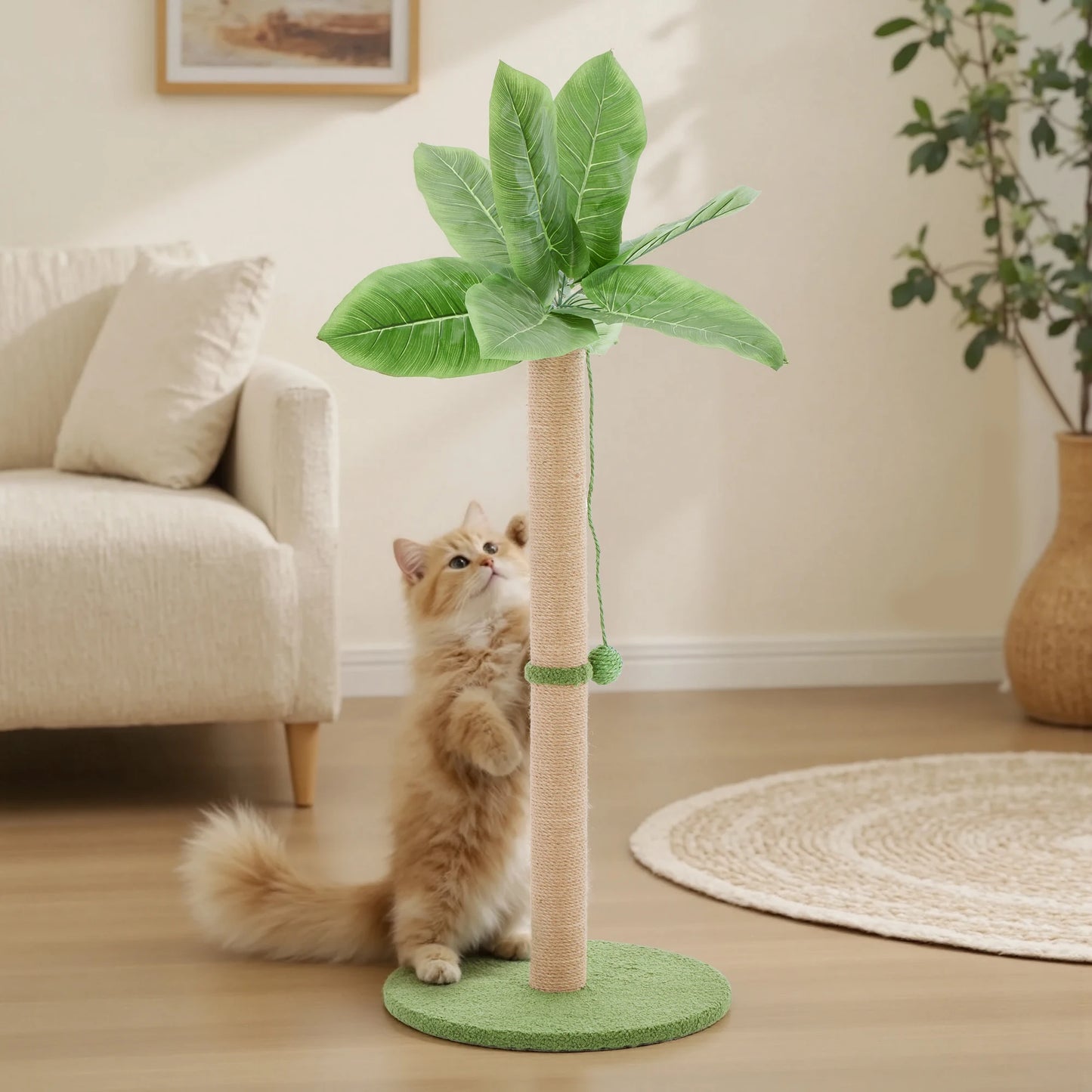 Tall Cat Scratching Post 33IN with Dangling Ball for Indoor Cats Palm Tree Cat Scratch Post for Kittens with Sisal Post Gree