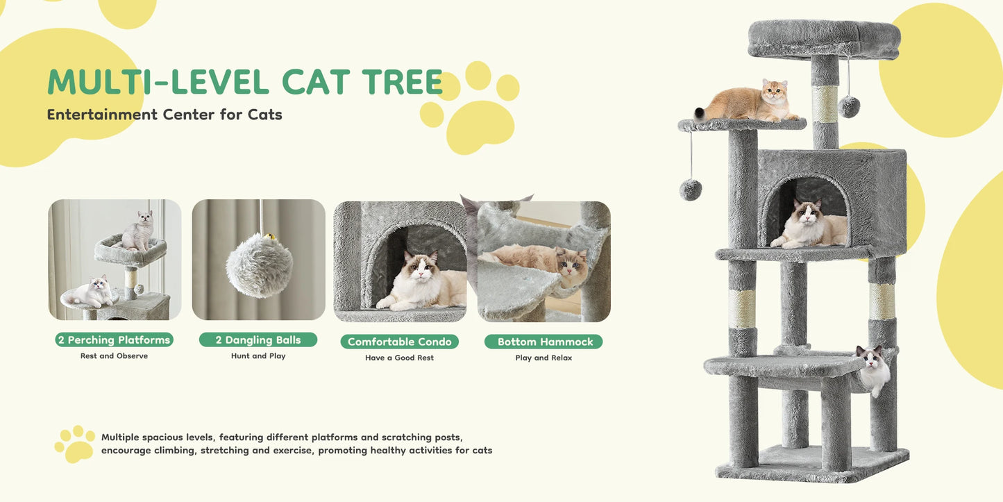 Cat Tree Tall Multi-Cat Climbing Tower 44IN for Pet Furniture Natural Sisal Scratching Posts Stable Pet House for Indoor Cat