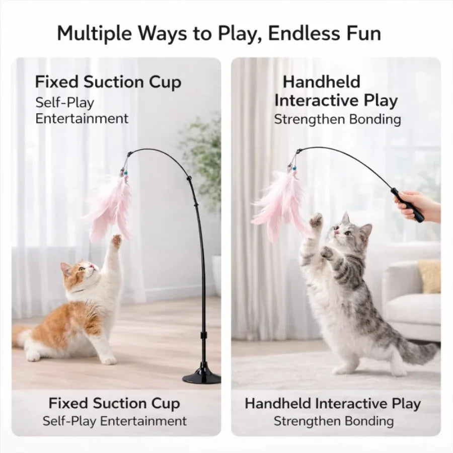 Cat Teaser Stick | Feather Rotating Funny | Steel Wire Long Pole | Self-Pleasure Interactive | Boredom Relief Toy For Cat Kitten