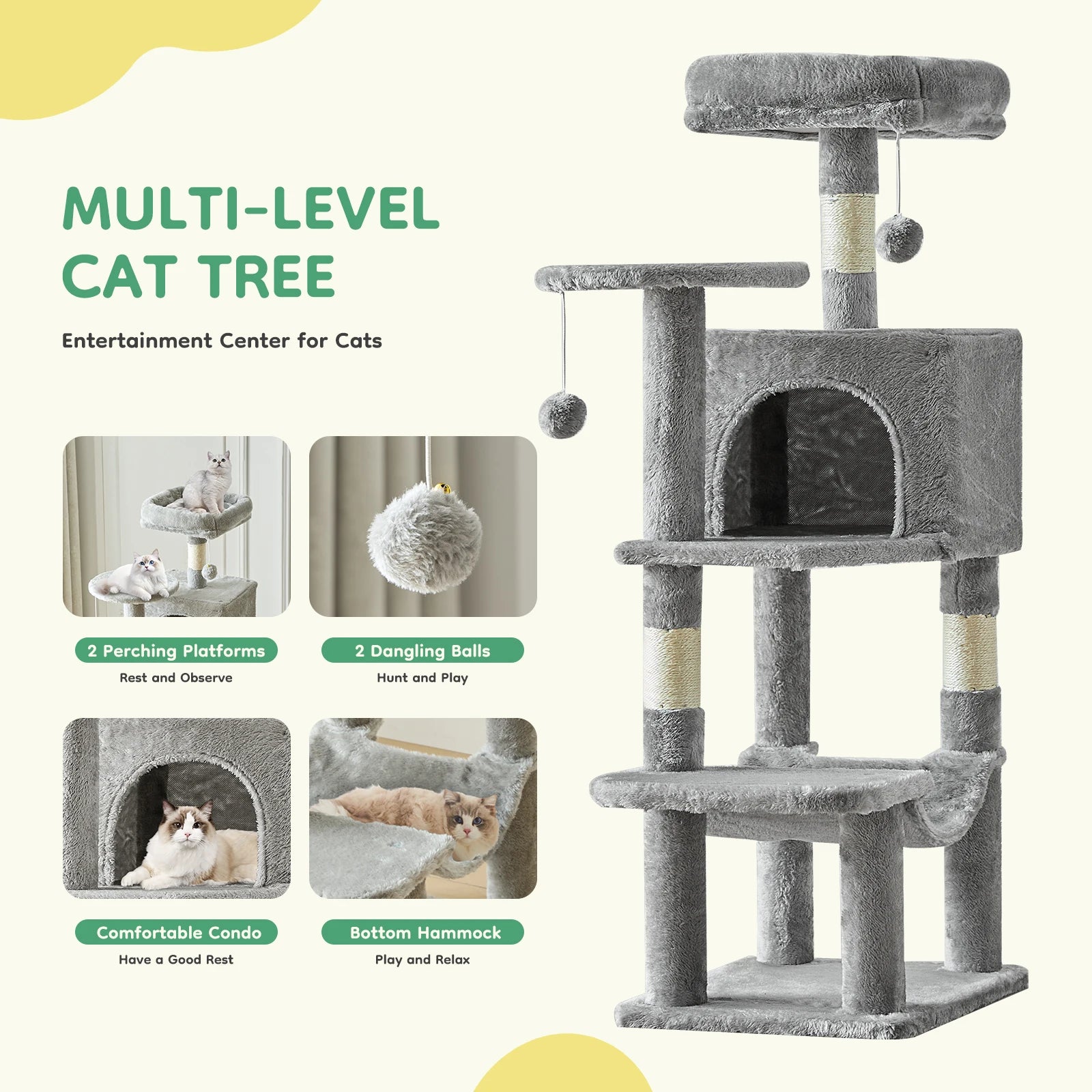 Cat Tree Tall Multi-Cat Climbing Tower 44IN for Pet Furniture Natural Sisal Scratching Posts Stable Pet House for Indoor Cat