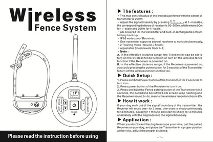 200m Dog Wireless Rechargeable Electric Fence, IP68 Waterproof Beep + Shock Training Mode, Transmitter and Collar Combo