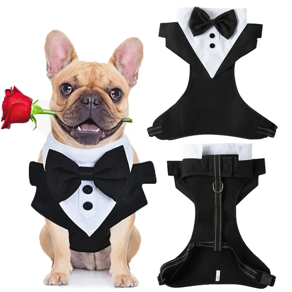 Dog Tuxedo Harness Adjustable Dog Harness No Pull for Small Medium Large Dogs Male Dogs Wedding Suit with Bow Tie Party Costume