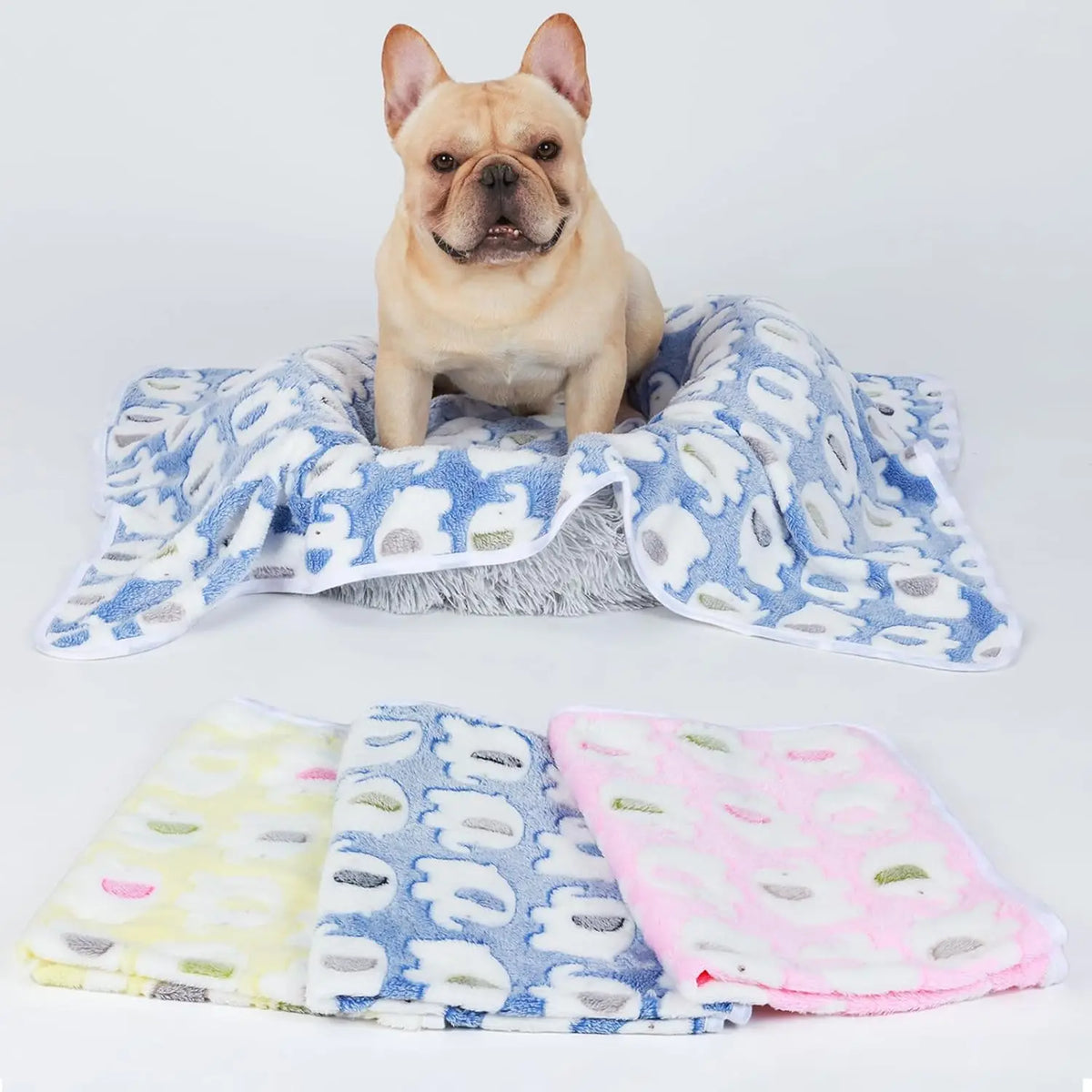 Super Soft Fluffy Elephant Pattern Pet Blanket, 1 Pack of 3 for Dogs Cats Puppies, Blue Pink Yellow Small Size