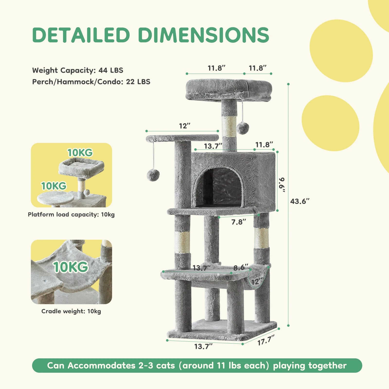 Cat Tree Tall Multi-Cat Climbing Tower 44IN for Pet Furniture Natural Sisal Scratching Posts Stable Pet House for Indoor Cat