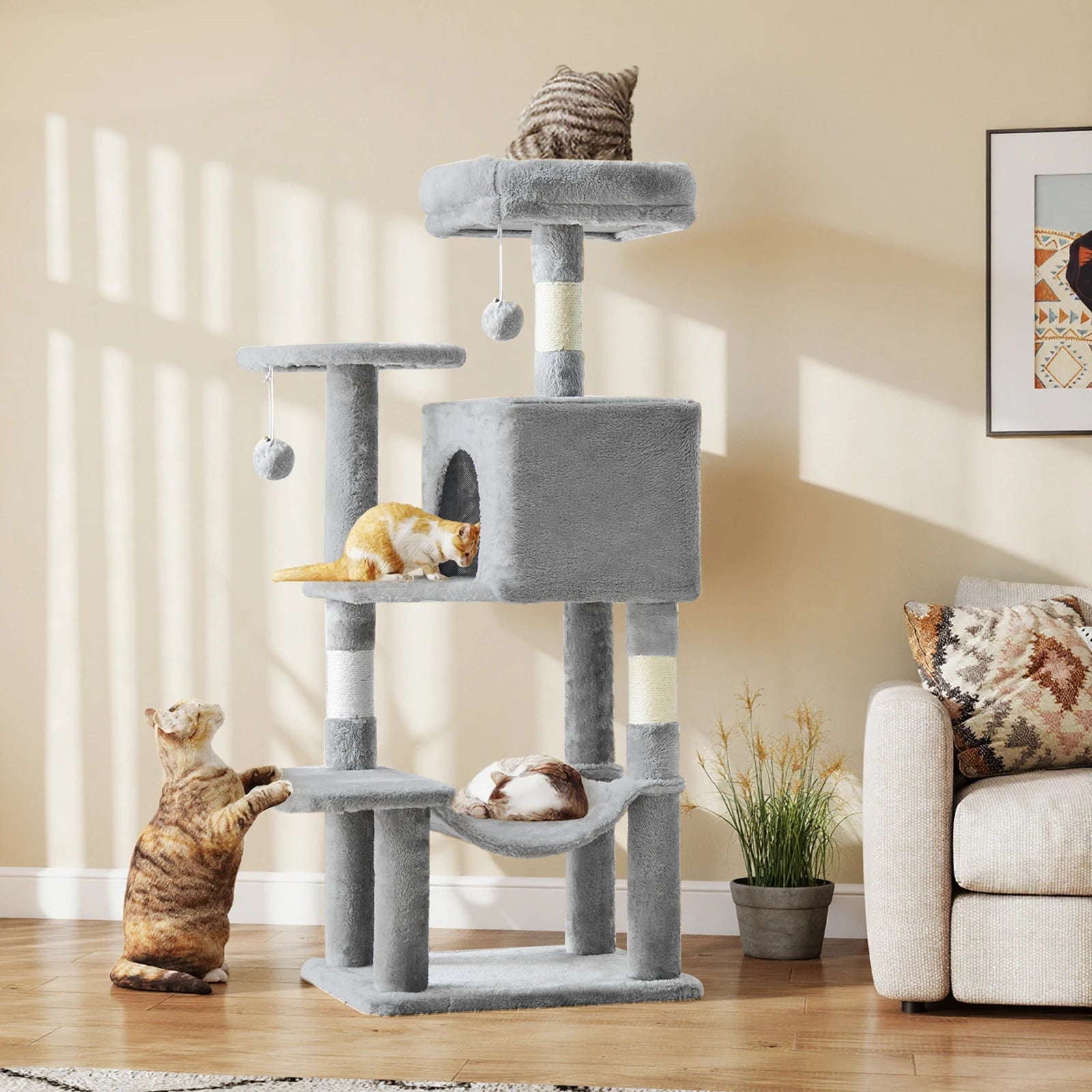 Cat Tree Tall Multi-Cat Climbing Tower 44IN for Pet Furniture Natural Sisal Scratching Posts Stable Pet House for Indoor Cat