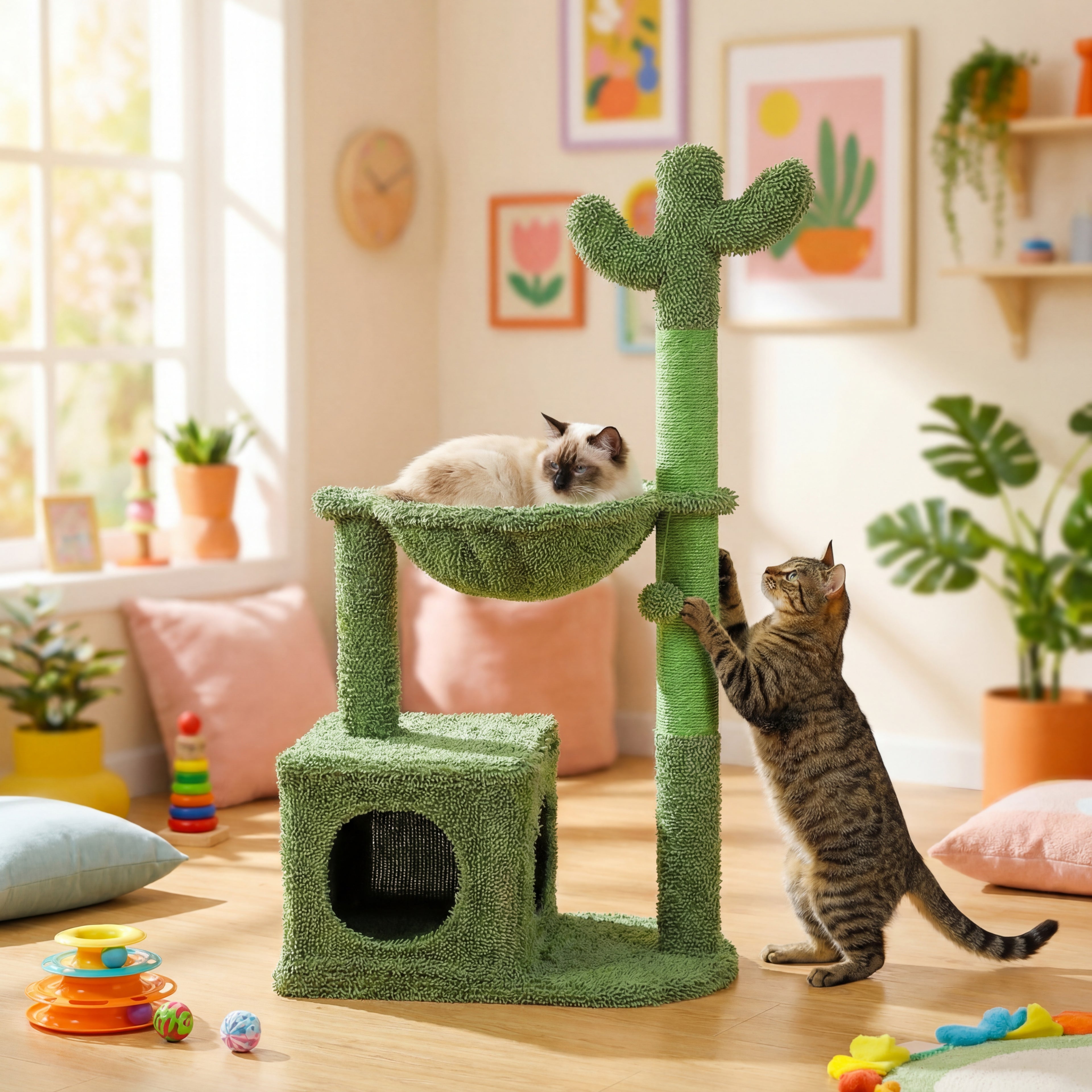 Cactus Cat Tree with Lagre Condo, Hammock, Dangling Ball, Small Cat Tower, Cat Scratching Post for Indoor, Cat Toys