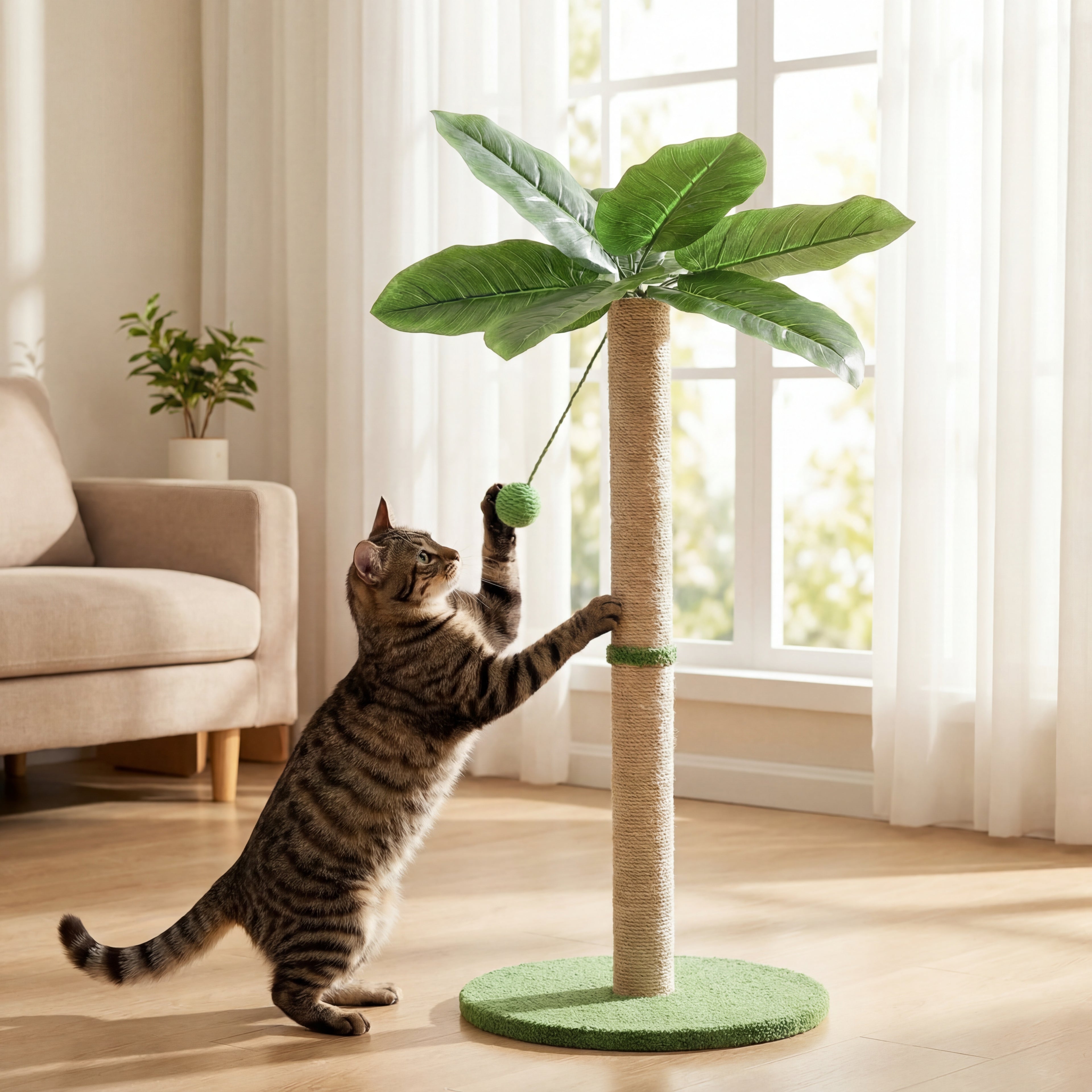 Tall Cat Scratching Post 33IN with Dangling Ball for Indoor Cats Palm Tree Cat Scratch Post for Kittens with Sisal Post Gree