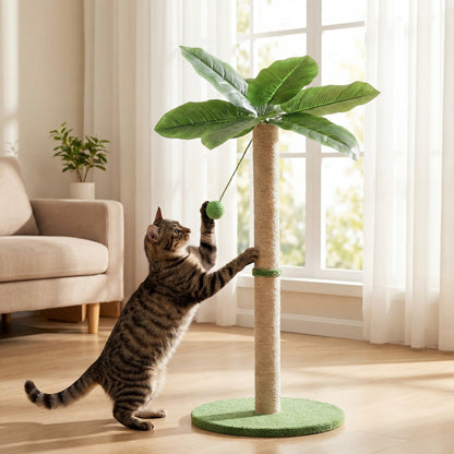 Tall Cat Scratching Post 33IN with Dangling Ball for Indoor Cats Palm Tree Cat Scratch Post for Kittens with Sisal Post Gree